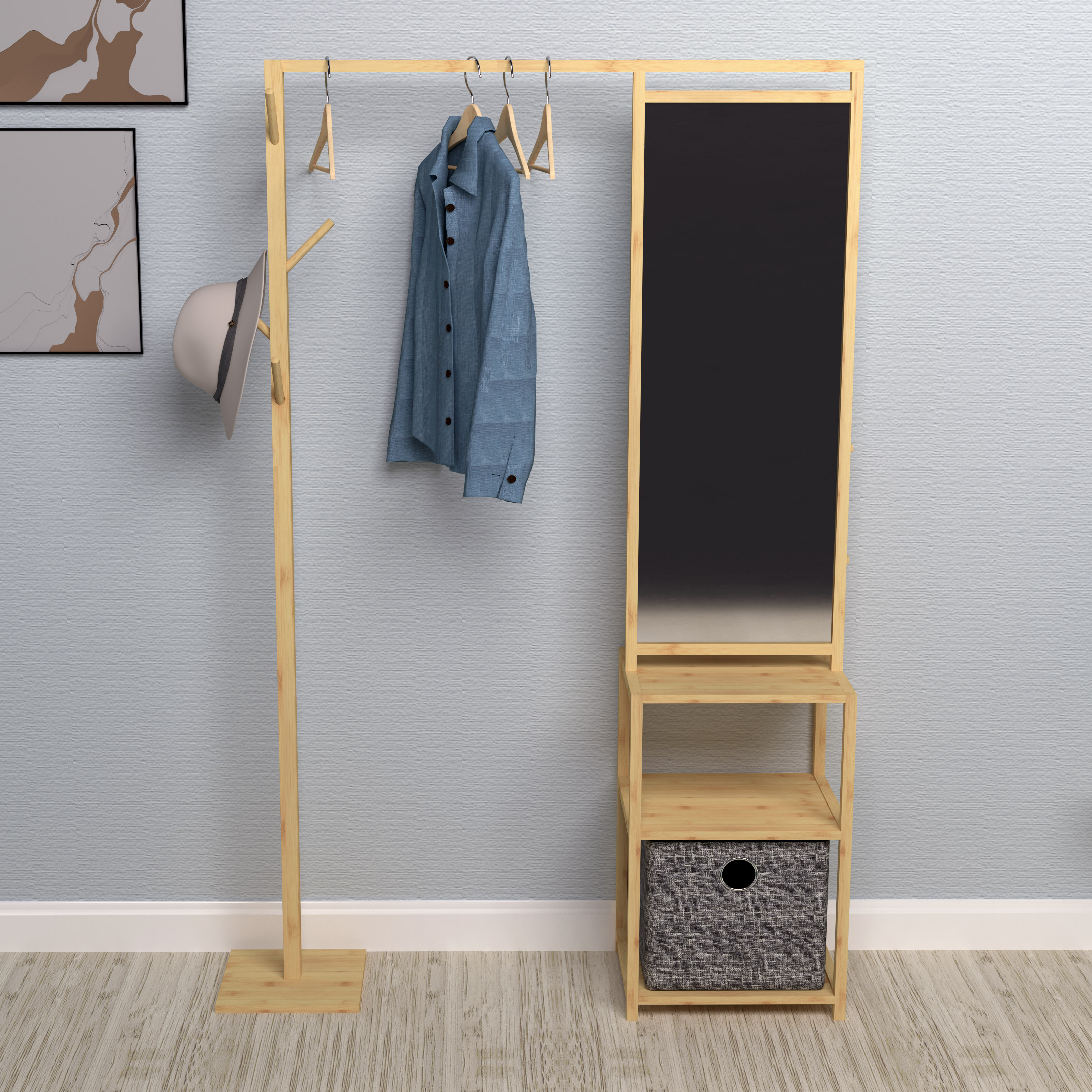 Tall Bamboo Clothes Rack with Storage And Mirror